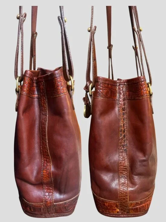 VTG Brahmin Tuscan Bucket Bag Chestnut Leather Croc Embossed Trim 90s USA Charm - Picture 7 of 12